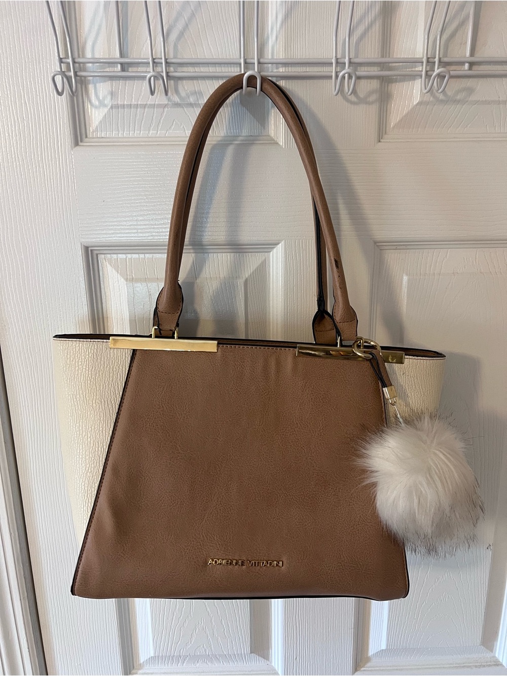 Adrienne Vittadini Taupe and Cream Shoulder Tote with Pom Charm Tan Work Bag